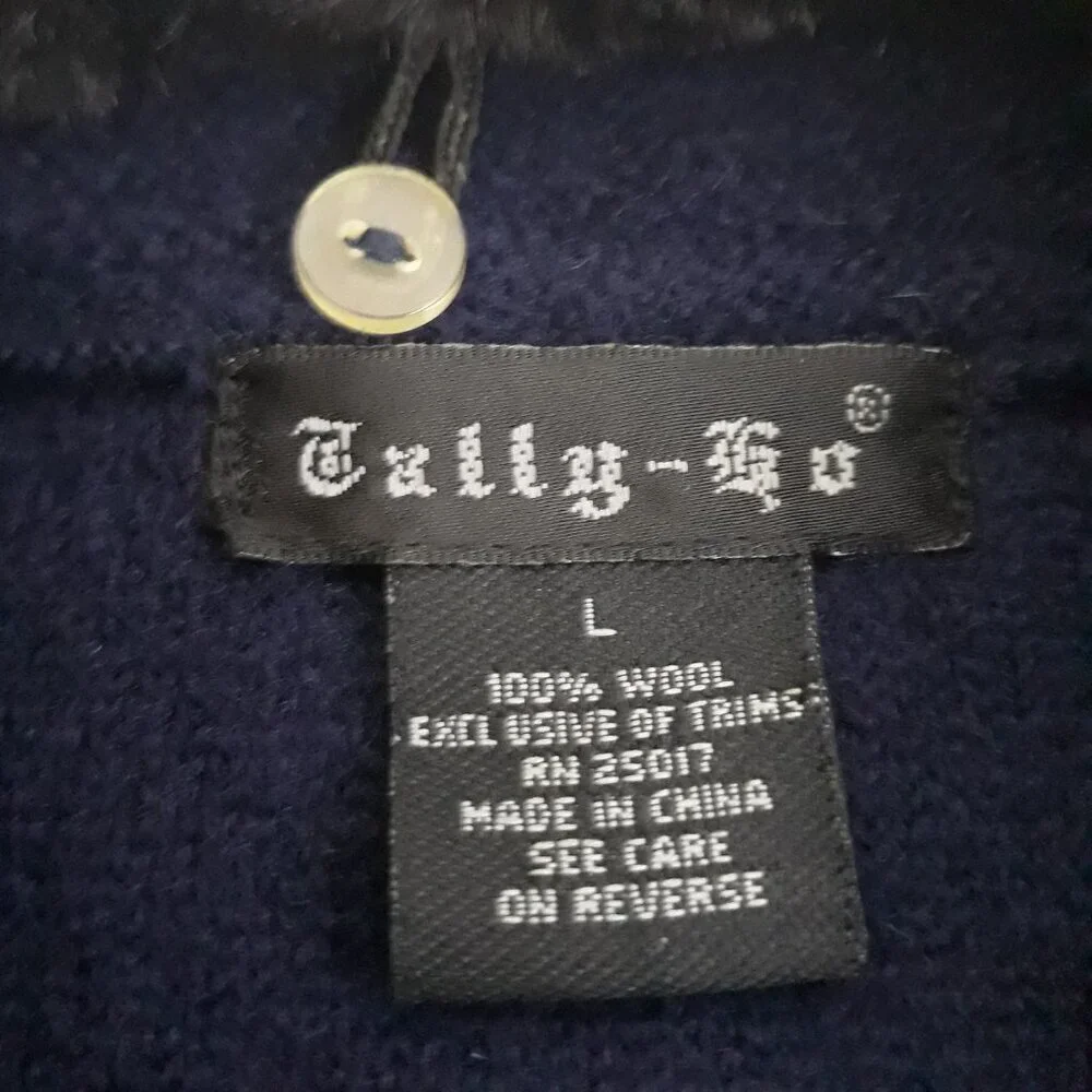 Vtg Faux Fur Detachable Collar Blue Wool Vest Large by Tally-Ho